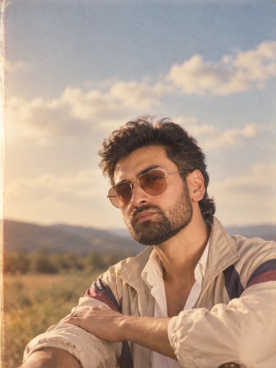 80s Filter result — the same man in mirrored aviators and a colour-block 1980s windbreaker, golden light over hills behind him