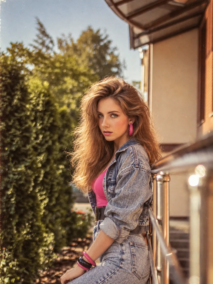 80s Filter result — the same woman with big teased 1980s hair, a stonewashed denim jacket and a pink top