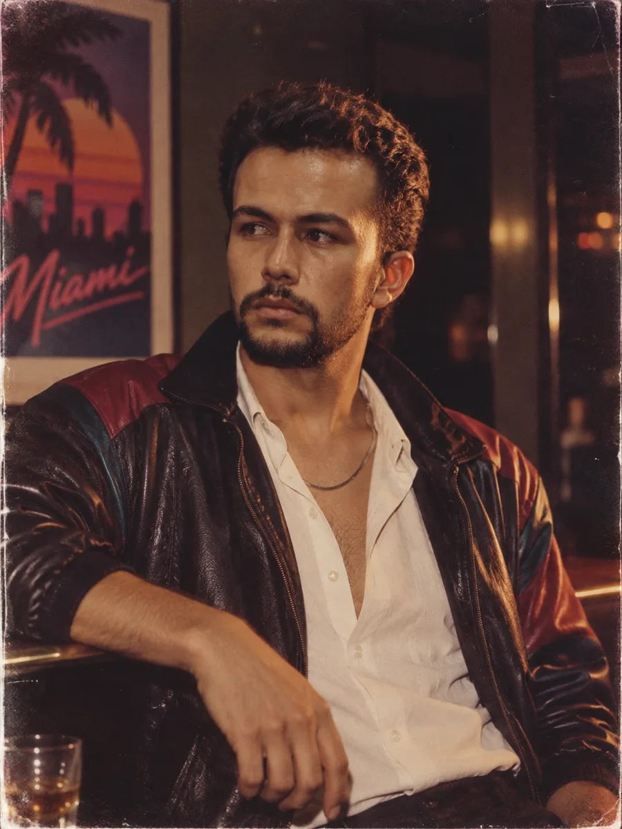80s Filter result — the same man in a black leather jacket over a white shirt, a neon Miami poster behind him, warm bar lighting
