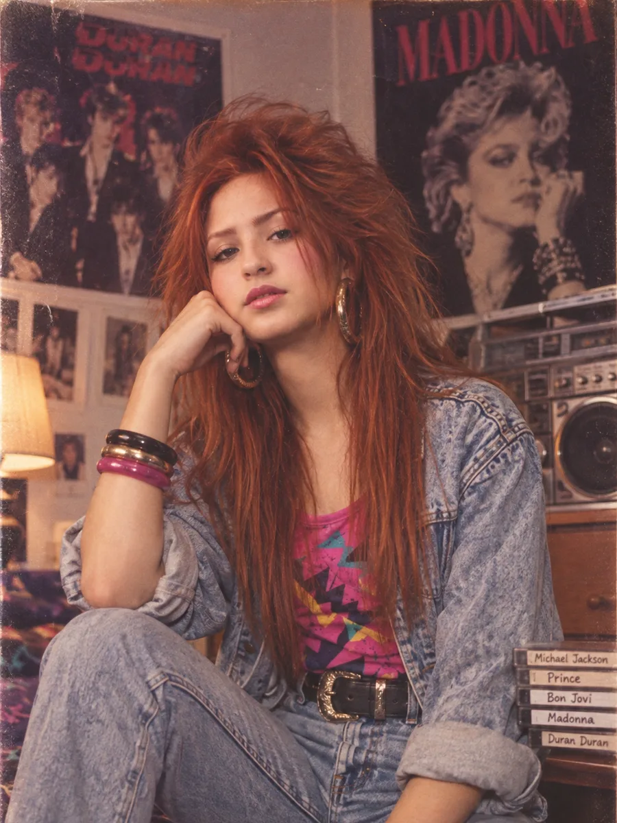 80s Filter result — the same woman with big crimped red 1980s hair, a denim jacket and a bright print top, band posters on the wall behind
