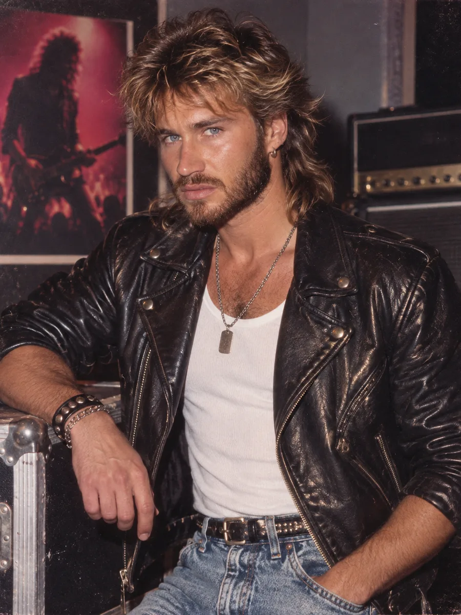 80s Filter result — the same man with a bleached-blond 1980s mullet, a leather jacket over a white tank, guitar amps behind him