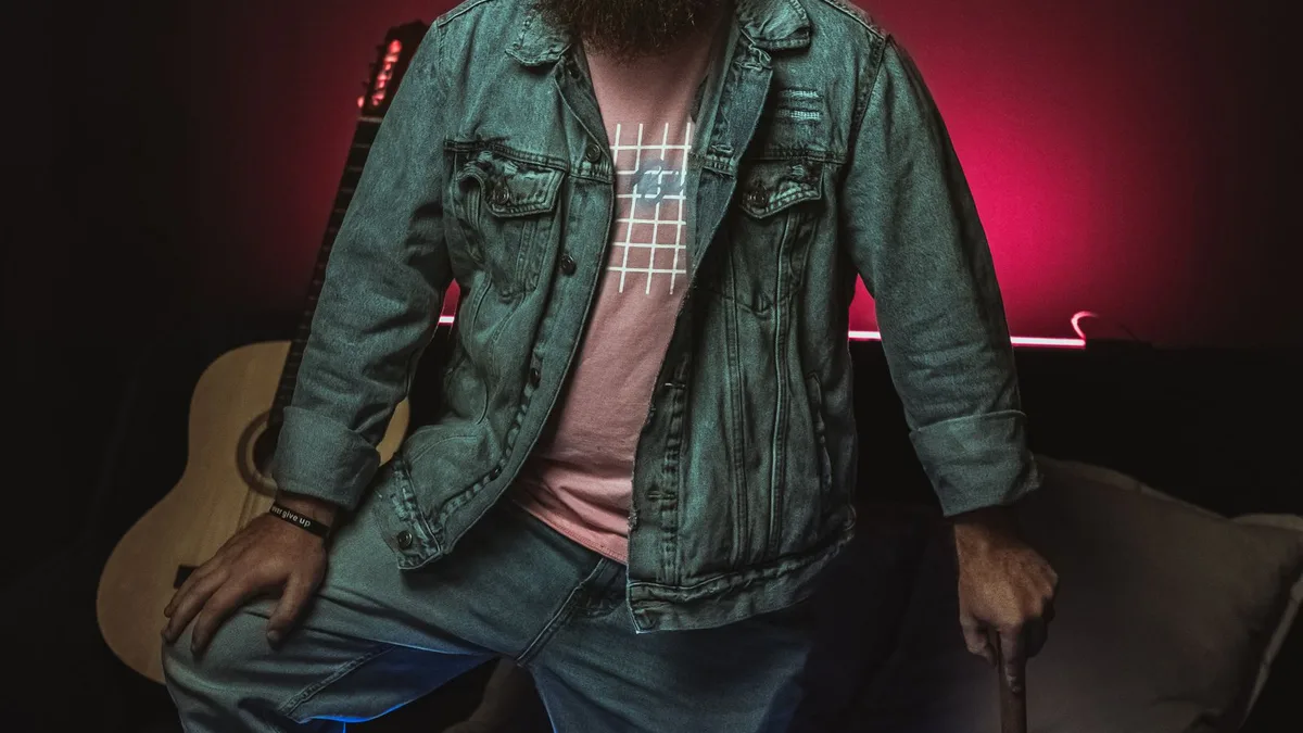 A bearded man in a denim jacket and sunglasses with retro styling