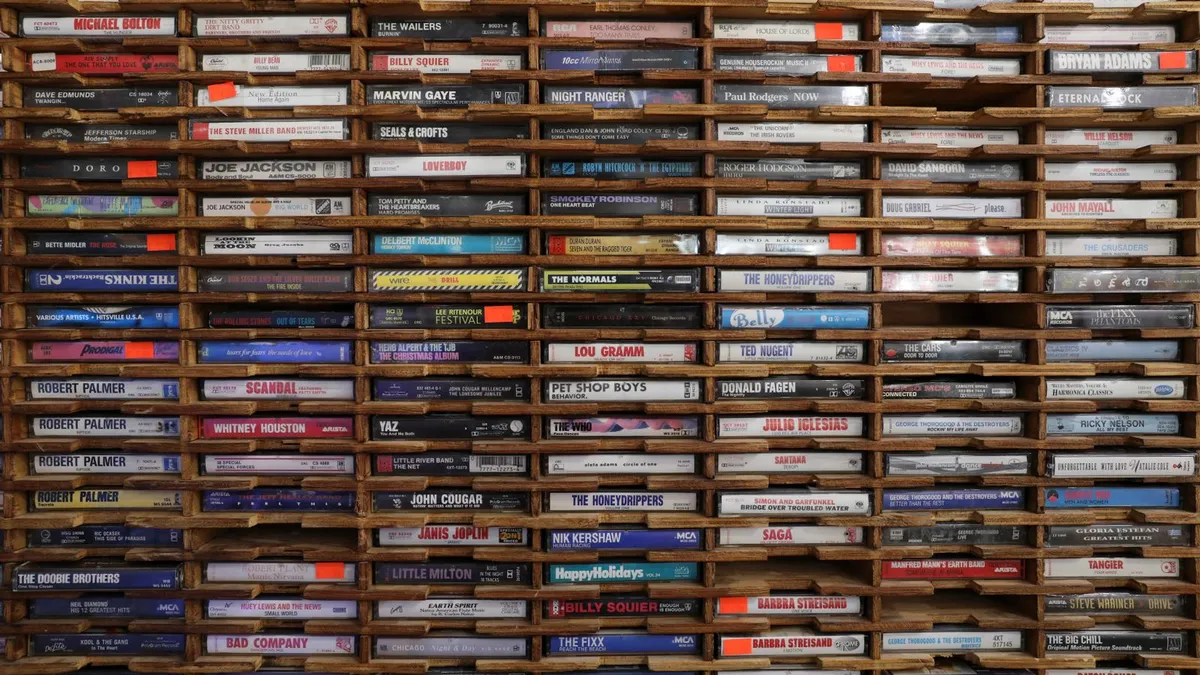 Shelves of neatly organised vintage cassette tapes