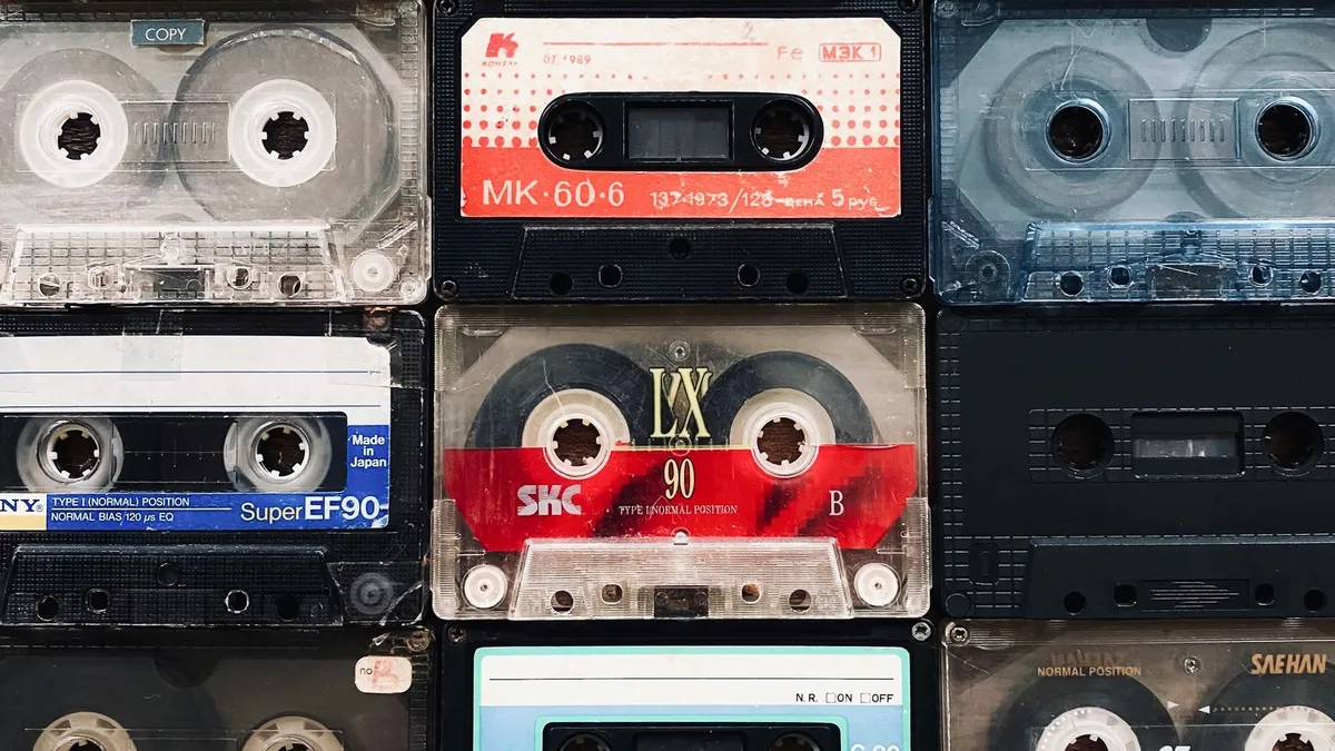 A colourful pile of vintage audio cassette tapes