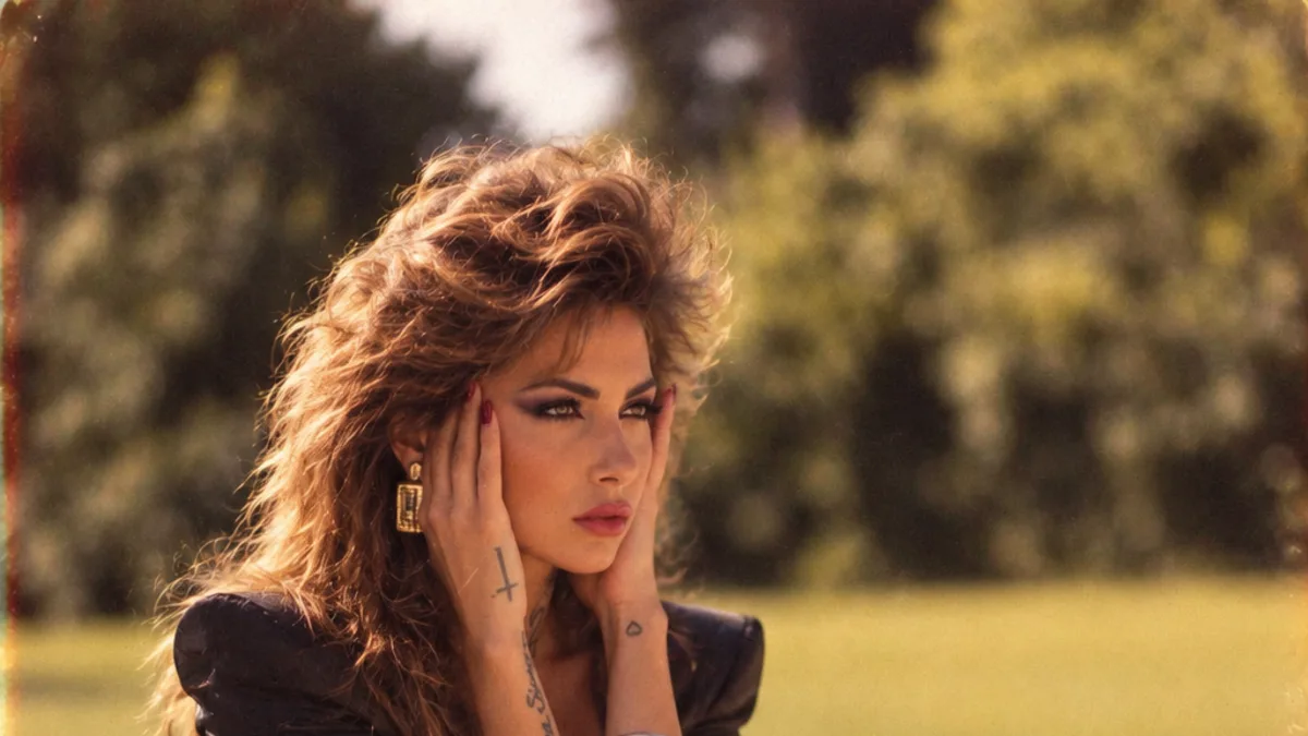 A person with big teased 1980s hair and bold makeup in warm golden-hour light