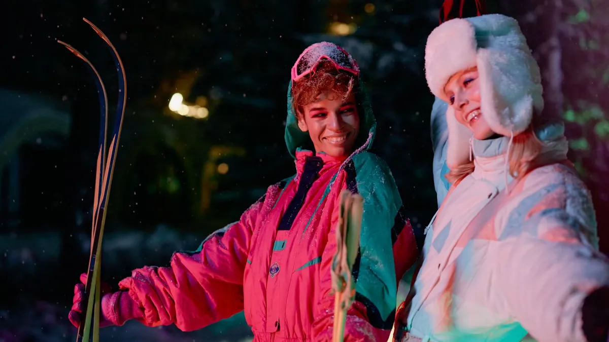 A portrait with a warm 1980s film-and-neon treatment