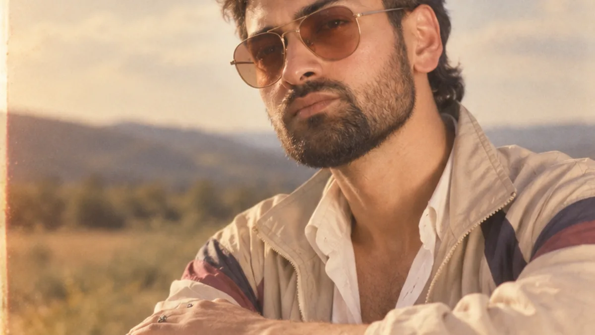A person in aviator sunglasses and an 80s windbreaker at golden hour, restyled by 80s Filter