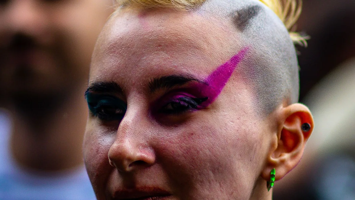 A person with a mohawk and spiked collar in a punk-style photo