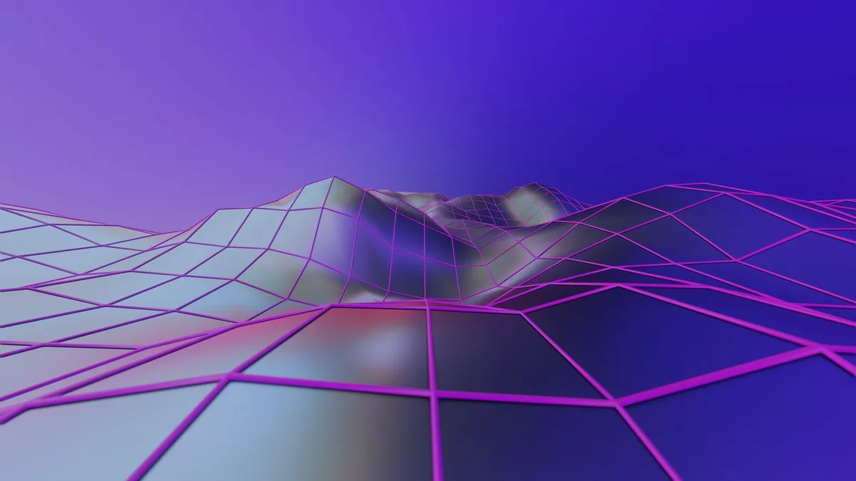 A neon grid stretching to a chrome sunset on the horizon