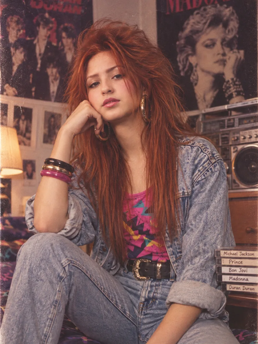 A person with big teased 1980s hair, acid-wash denim and a neon graphic top in a bedroom of band posters — an 80s Filter result