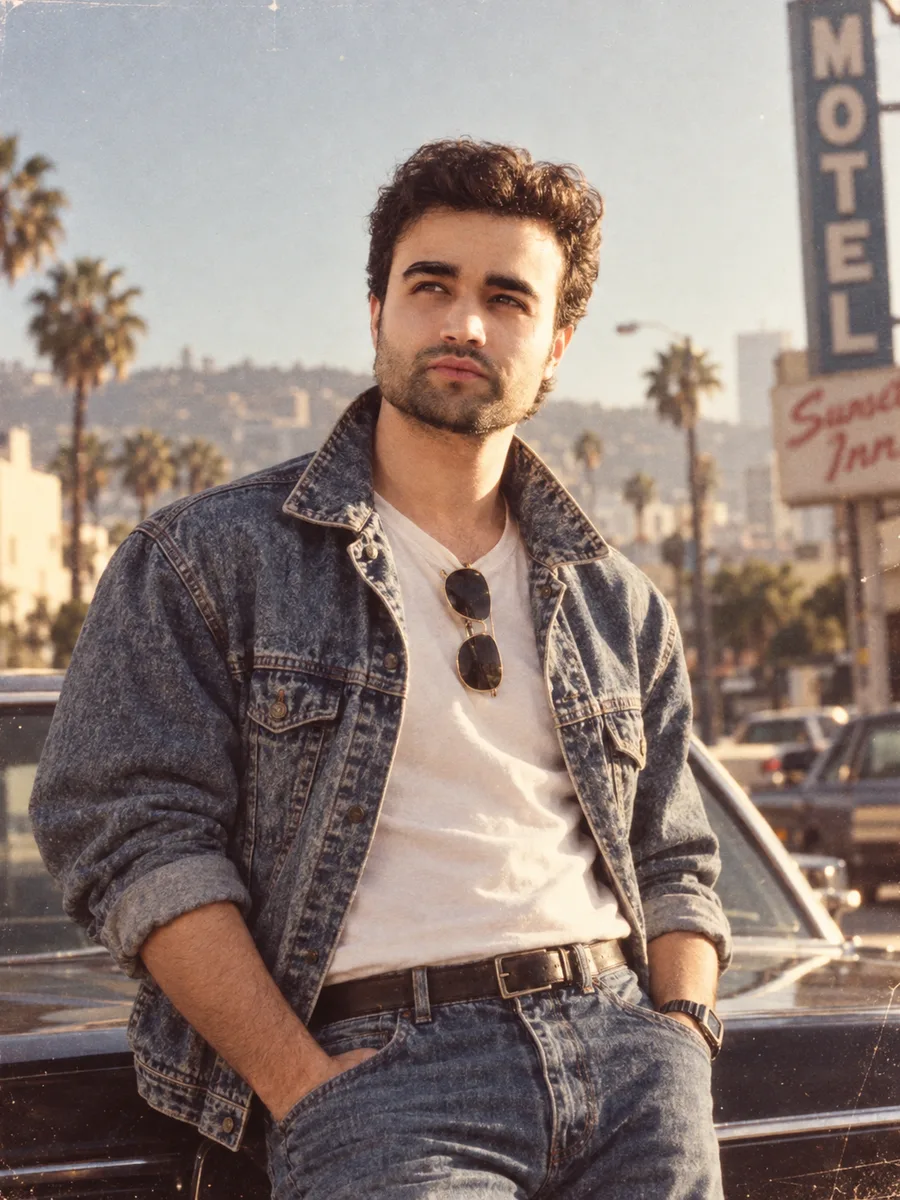 A person in a denim jacket and tee by a motel sign, shot on warm 80s film stock with a visible frame border — an 80s Filter result