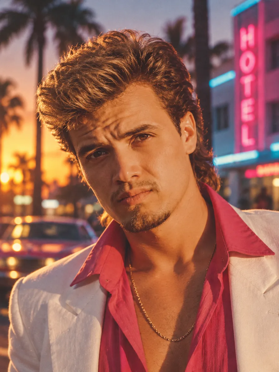 A person in a white blazer over a pink shirt in front of a neon hotel sign and palm trees at dusk — an 80s Filter result